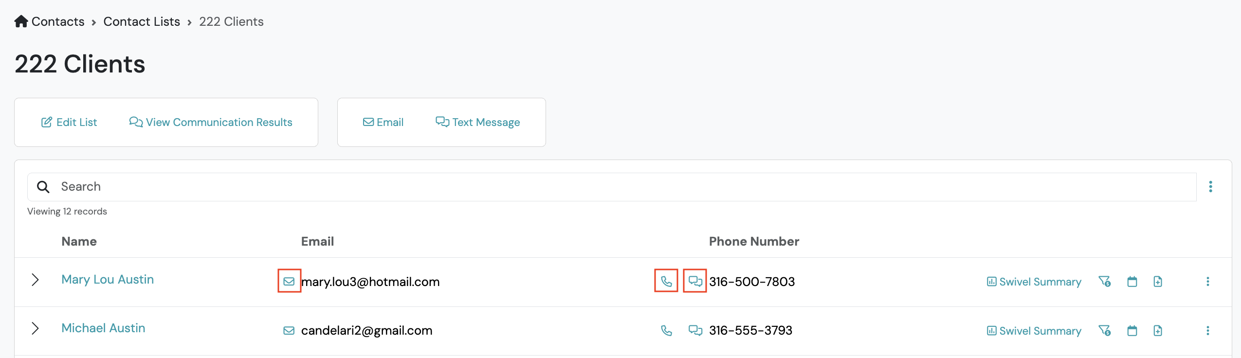Screenshot: 1-to-1 Communication with Contacts on a List
