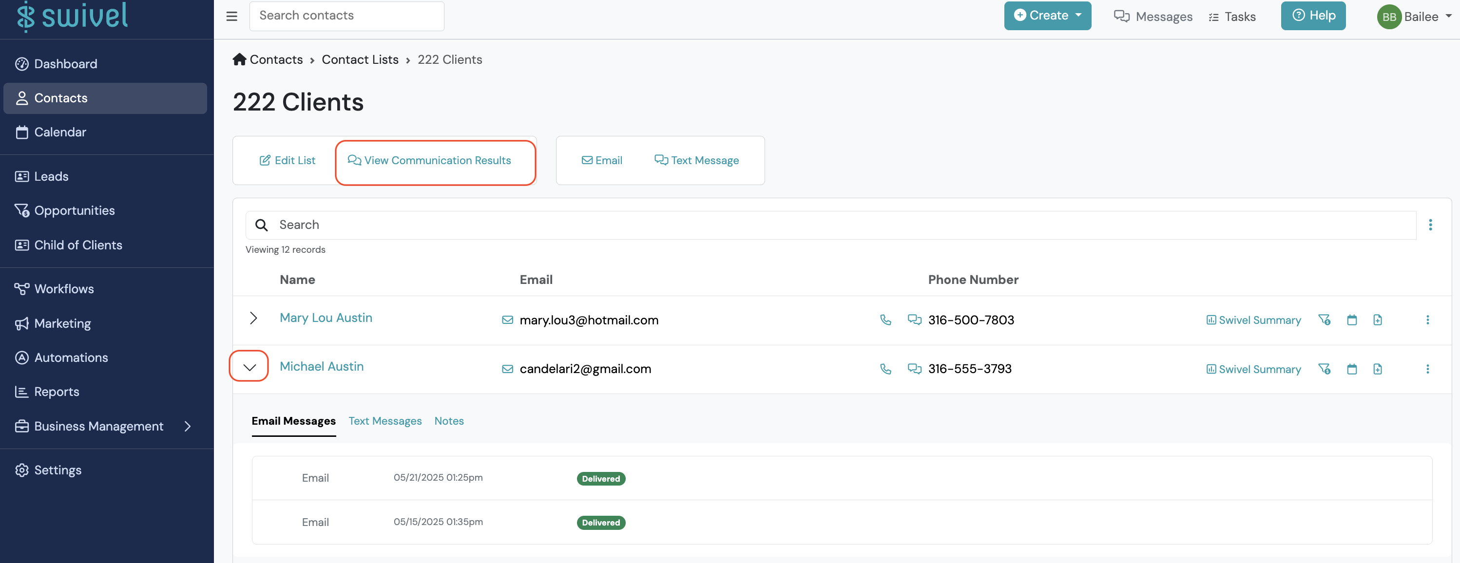 Screenshot: View Communication Results