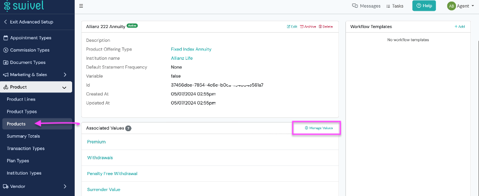 Screenshot: Adding Product Values from Advanced Setup