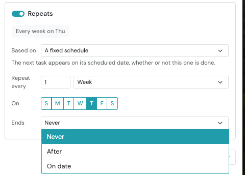 Screenshot: Choose When the Recurring Task Ends