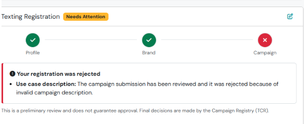 Screenshot: TCR Registration Rejected: Invalid Campaign Description